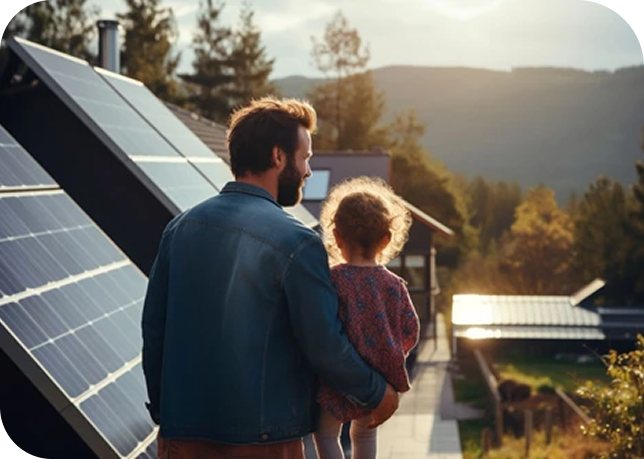 Father and daughter looking out over rooftop solar panels at golden hour