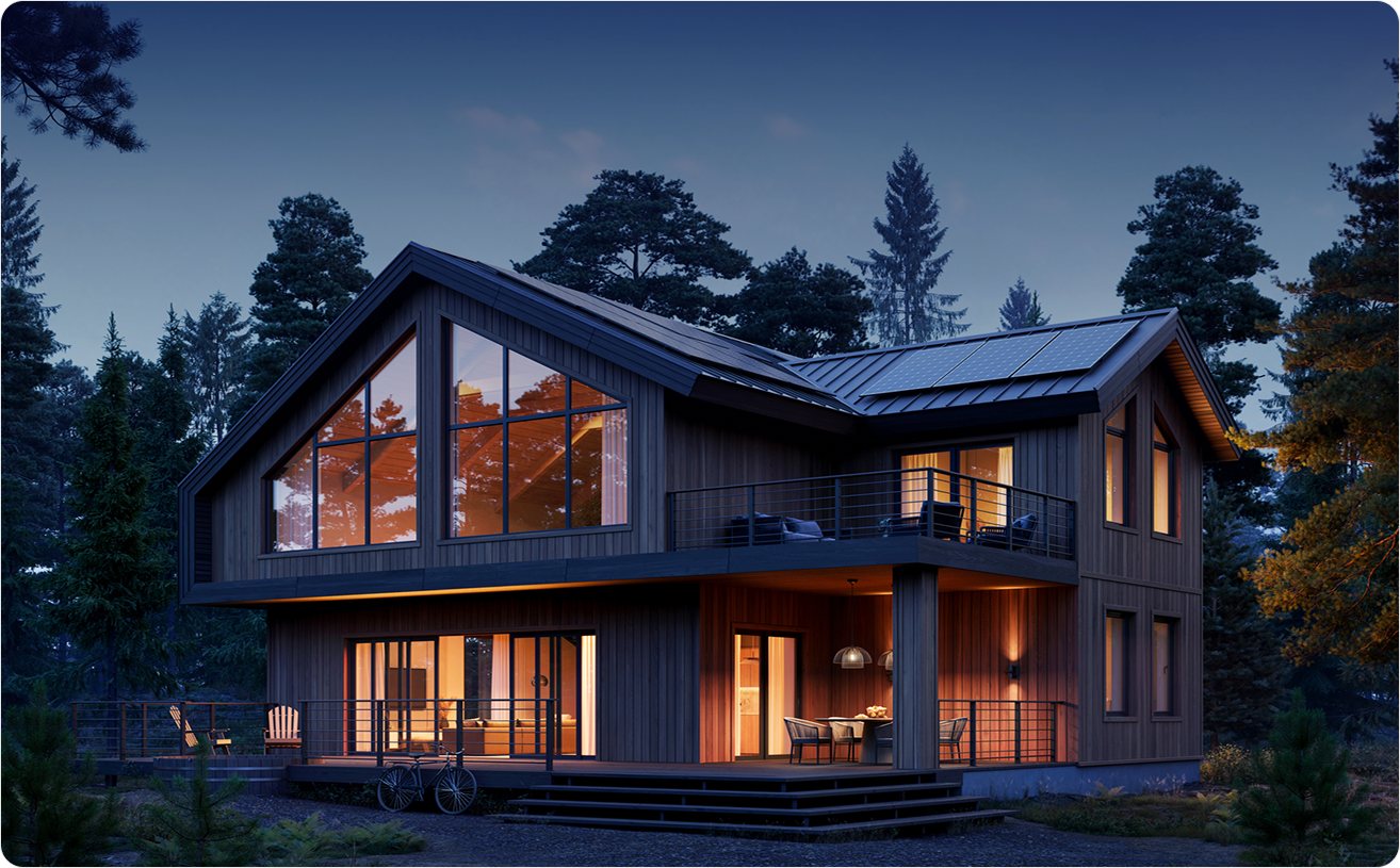 Modern house with rooftop solar panels at dusk